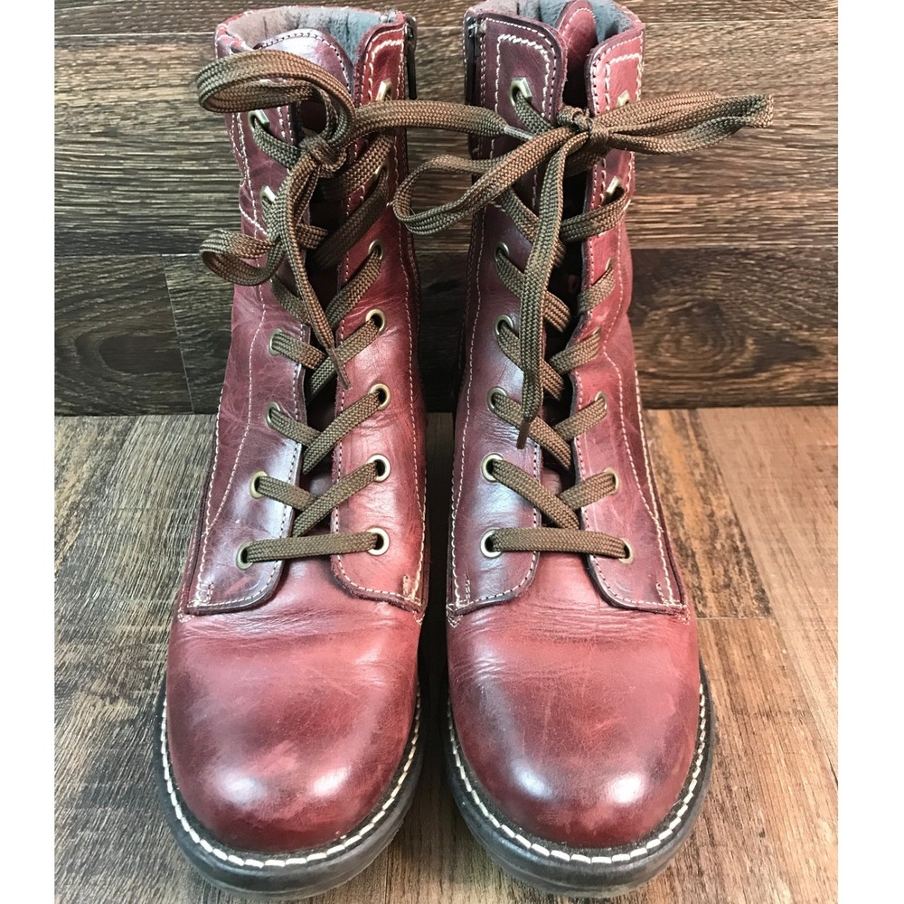 Taos Factor Dark Pink Leather Lace Up Combat Boots Faux Fur Lined Size 7.5 38